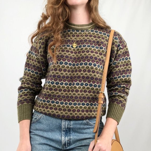 Stunning Vintage 100% Wool Oversized Nordic Fair Isle Heart Knit Crew Sweater - Picture 3 of 7